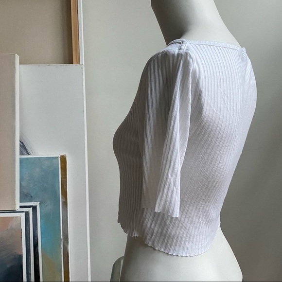 TOPSHOP Crop Top White Boatneck Short Sleeve Ribbed Lightweight Small - Picture 6 of 10